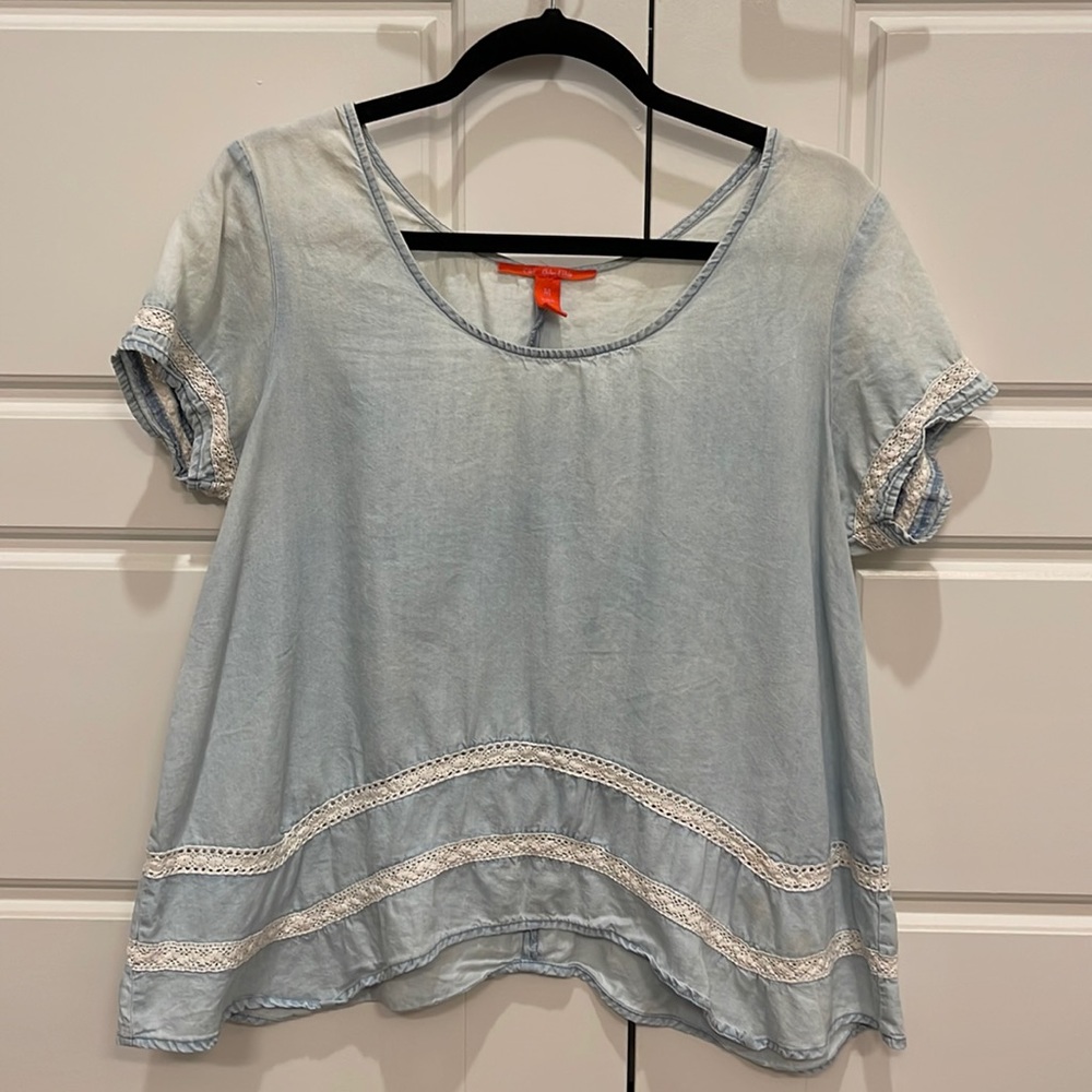 Medium Blue Crop Top with Lace Trim